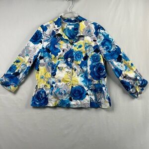 Charter Club Jacket Womens XL Floral Button Up Roll Tab Sleeve Stretch Cottage